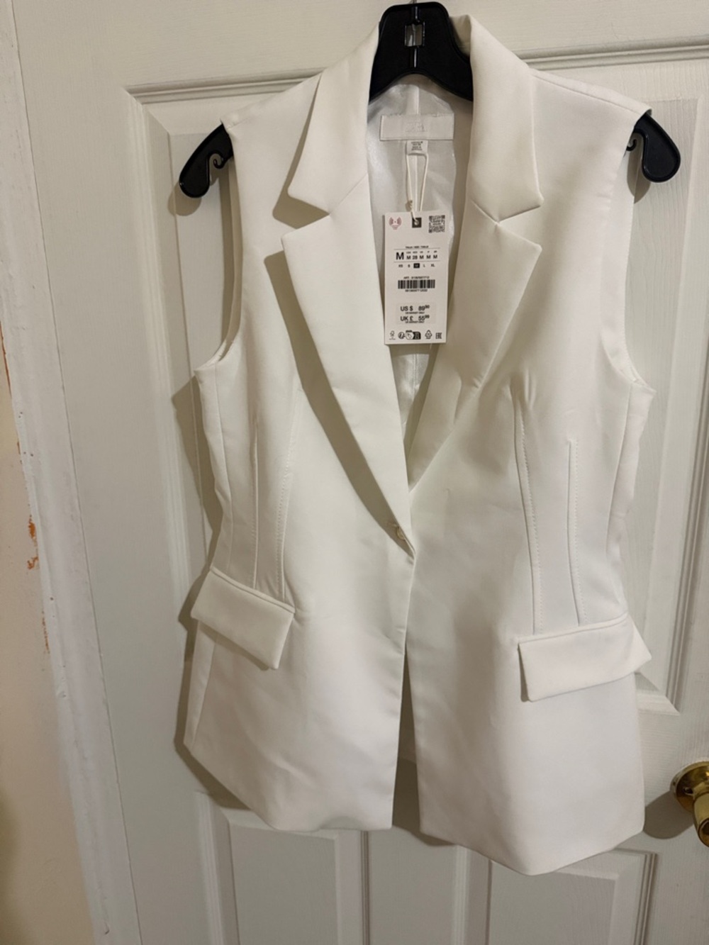 Zara White Sleeveless Blazer Vest with Notched Lapel